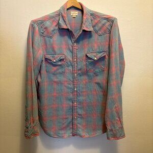 J Crew long sleeve Western style pearl snap shirt in blue/pink ombre check